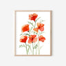 An art print of six red-orange California poppies in bloom.