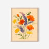 A colorful watercolor painting of California poppies, California buttercups, and silver lupine on a tan background.