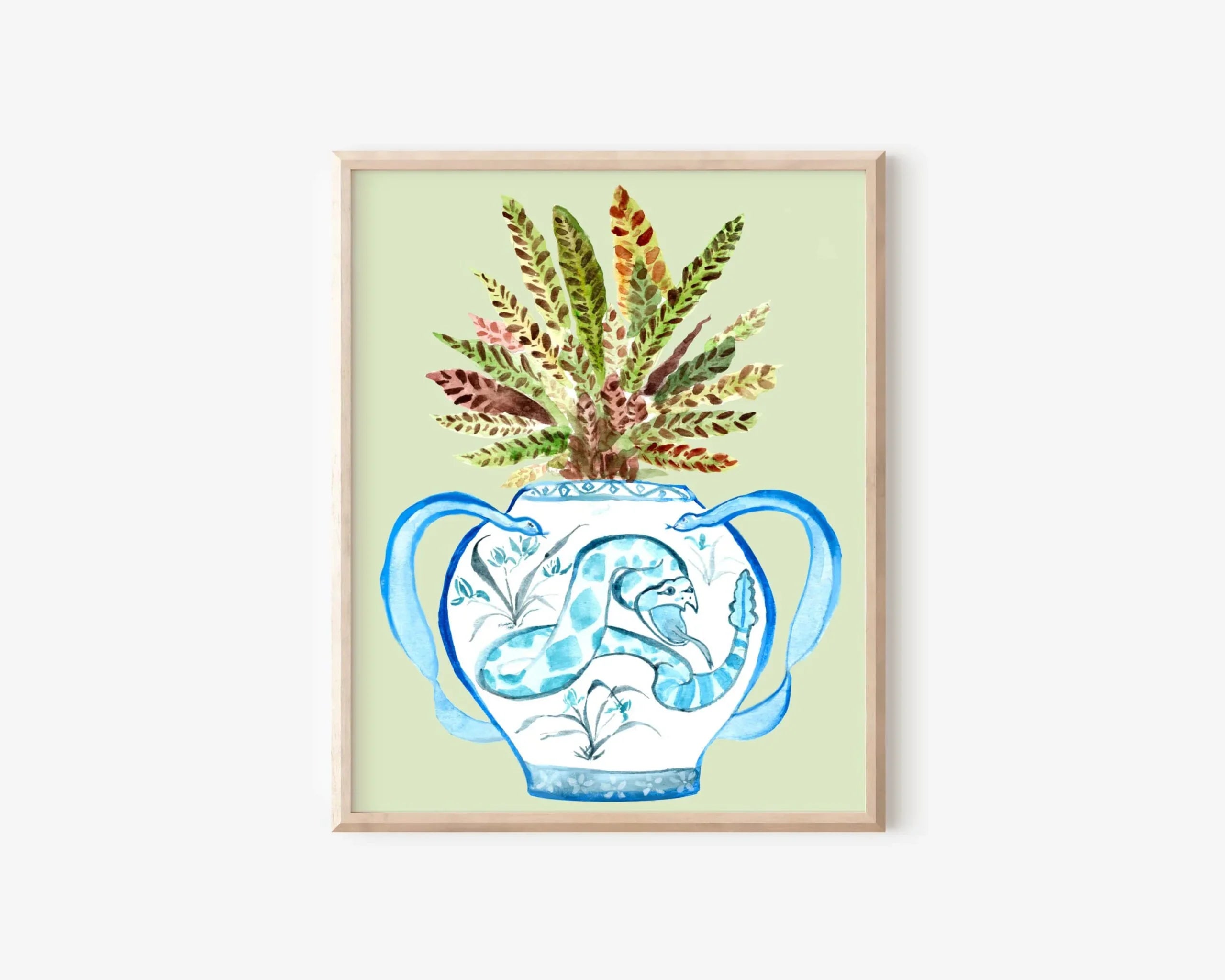 Watercolor art print of a blue snake vase with tropical ferns, whimsical AAPI-inspired home decor