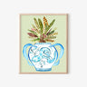 Watercolor art print of a blue snake vase with tropical ferns, whimsical AAPI-inspired home decor
