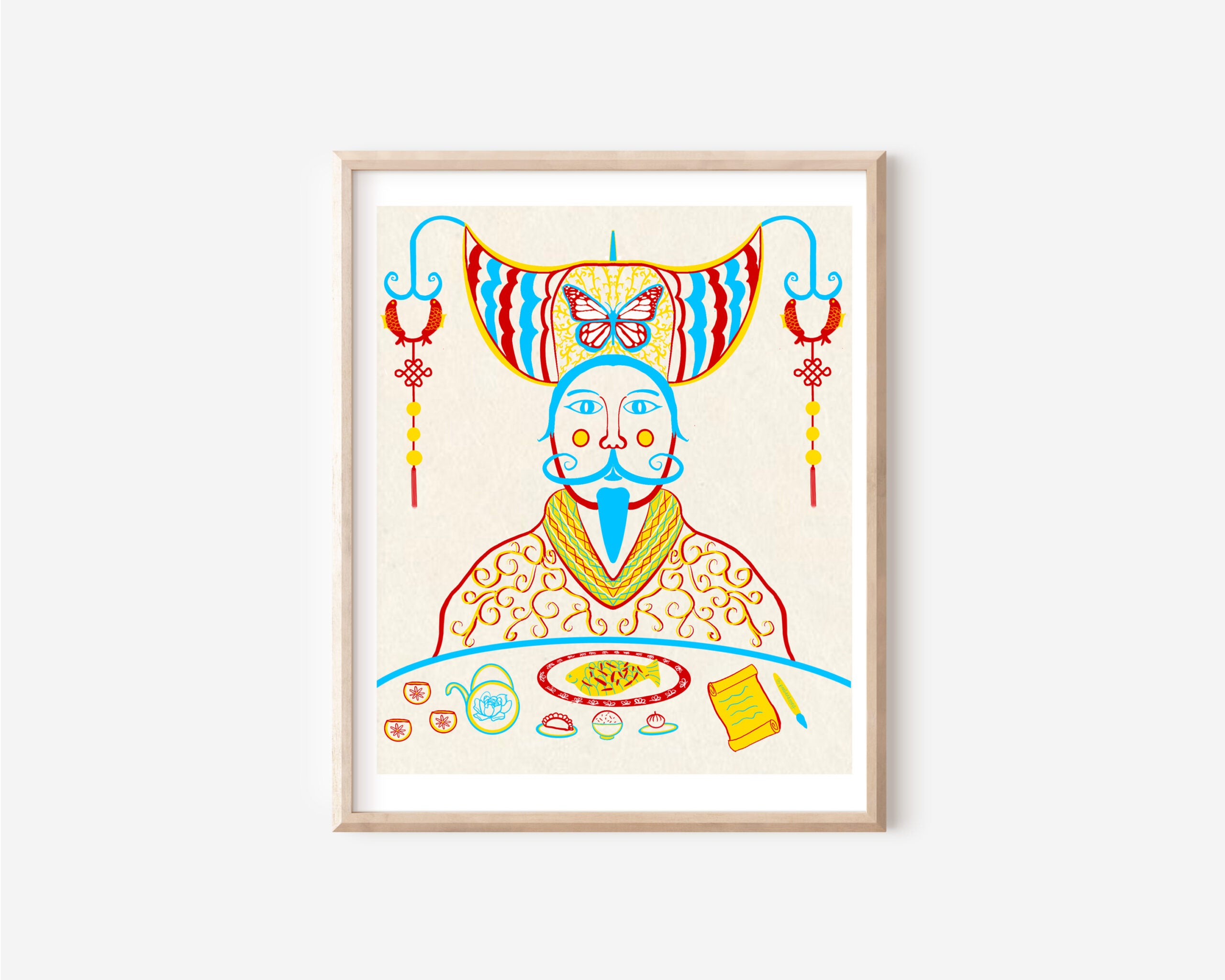 A red, yellow, blue, and green lineart print of Zao Shen, or the Kitchen God. The Kitchen God, adorned with prosperity knots, gold coins, and a butterfly on his headdress, sits in front of a table. On the table are cups of tea, a New Year's fish, other small bowls of food, and a report.