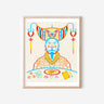 A red, yellow, blue, and green lineart print of Zao Shen, or the Kitchen God. The Kitchen God, adorned with prosperity knots, gold coins, and a butterfly on his headdress, sits in front of a table. On the table are cups of tea, a New Year's fish, other small bowls of food, and a report.