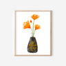 A white print of four orange California poppies in a Kikkoman soy sauce bottle.