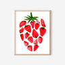 A watercolor print of several smaller, red strawberries making up one large strawberry.