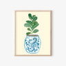 Framed art print of a fiddle leaf fig in a blue and white dragon-patterned vase, AAPI-inspired home decor