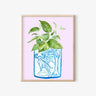 Framed watercolor art of green leafy plant in blue patterned vase, whimsical AAPI-inspired home decor