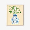 Blue and white rabbit vase print with green leaves, whimsical AAPI-inspired wall art for home decor